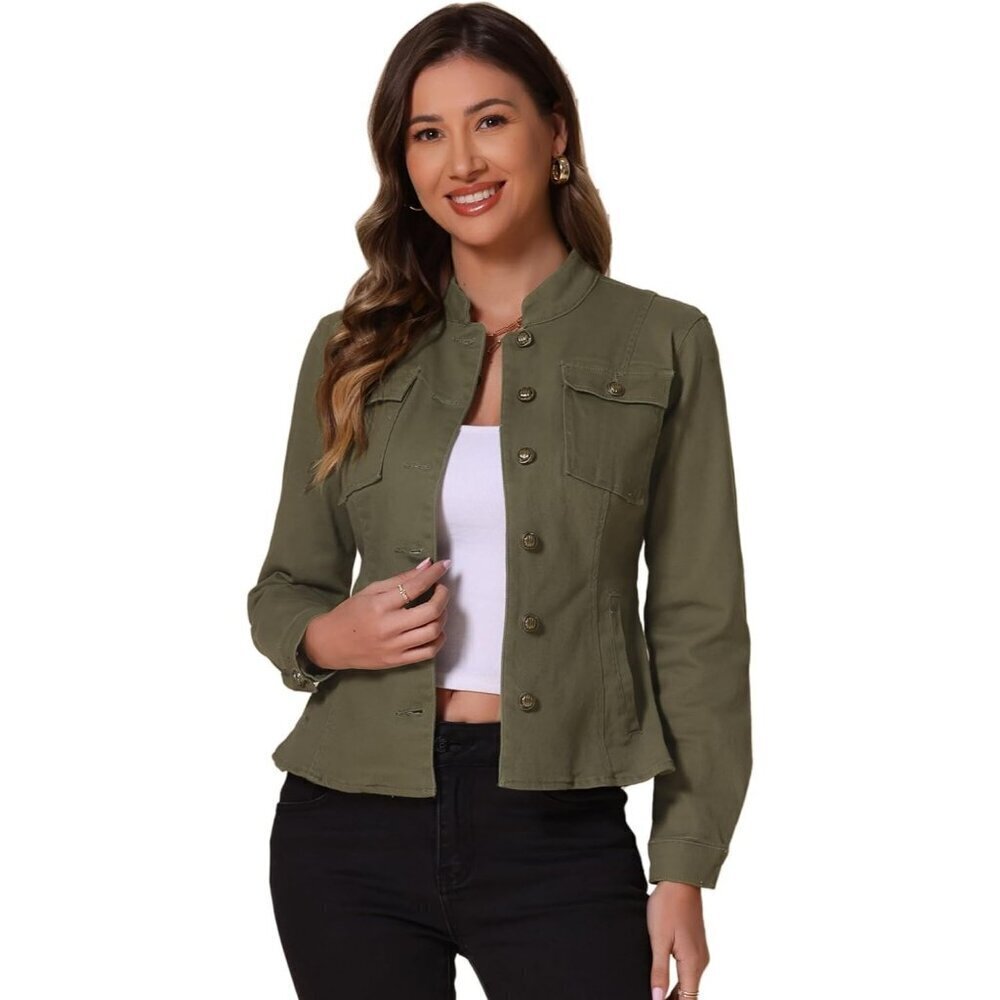 Women's Casual Denim Jacket Classic Stand Collar Long Sleeve Jean Jacket Green
